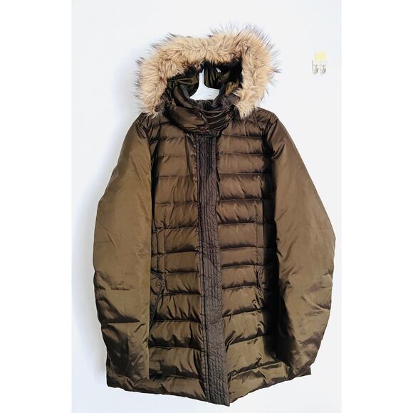 Lands’ End Women’s Down Puffer Coat Olive Green XL 18 Faux Fur Hood Parka Warm - Picture 1 of 12